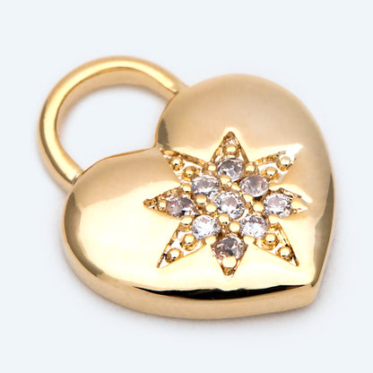 4pcs CZ pave Gold Heart Charm, North Star Pattern, 18K Gold plated Brass Heart Pendant (GB-1048-F)