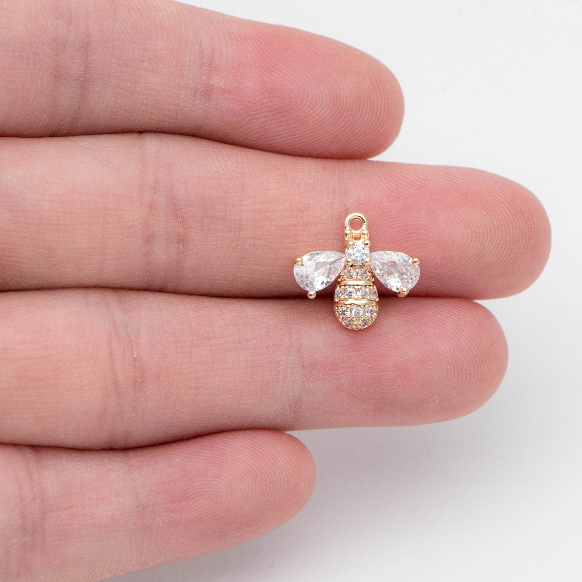 10pcs CZ Pave Bee Charm 13x14mm, 18K Gold Plated Brass, Bee Pendants (GB-3093-C)