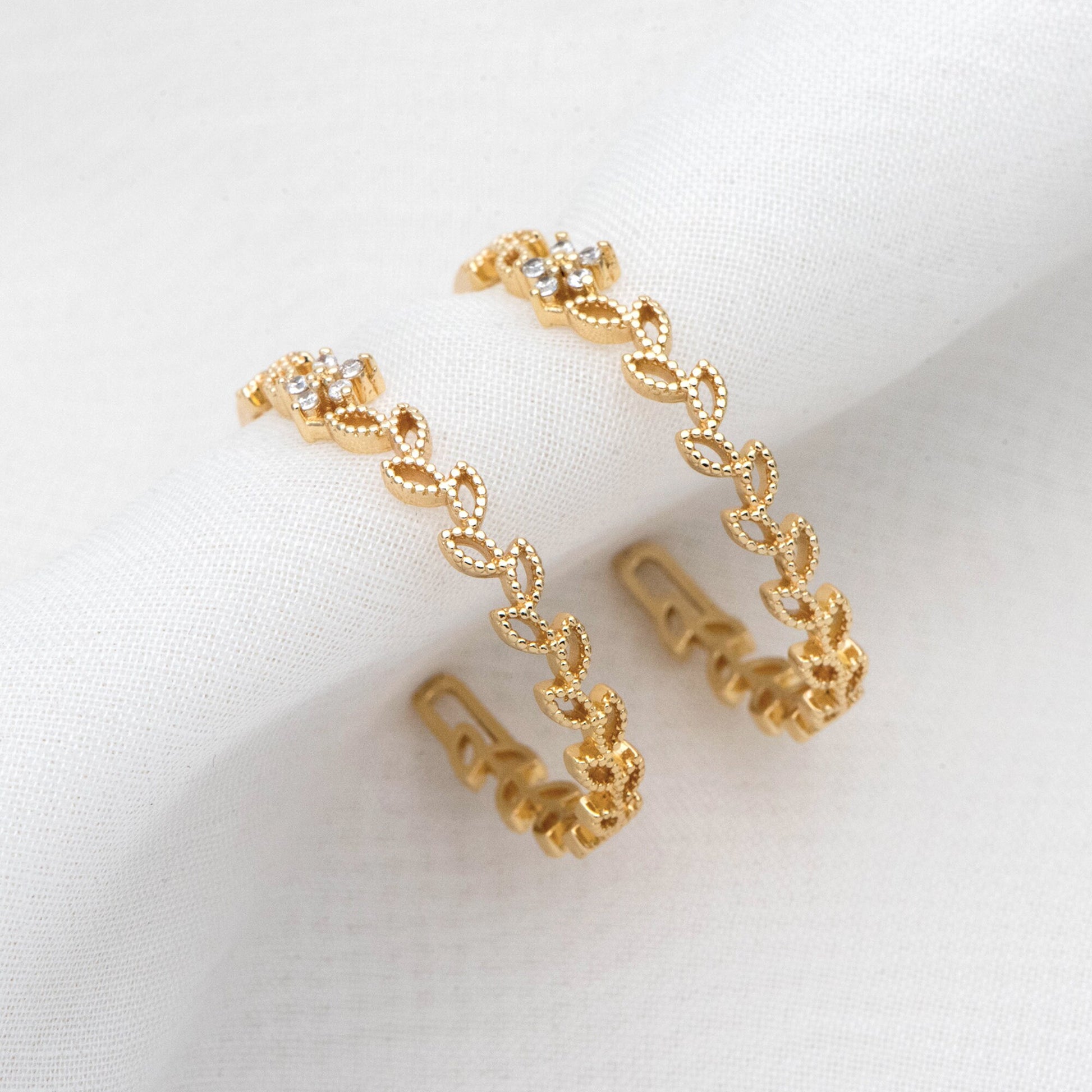 4pcs CZ Pave Dainty Gold Leaf Flower Hoop Earrings, Gold Hoop Earring, 34mm Circle Leaf Earring (GB-2003)