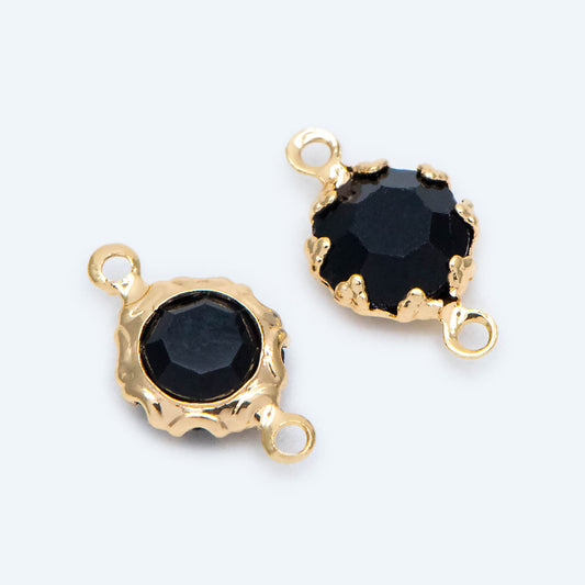 10pcs Gold Coin Connectors 7x12mm, Real Gold plated Brass, Black Glass Crystal Charm Pendants (GB-2039)