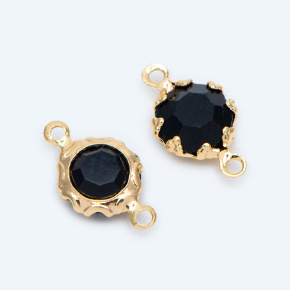 10pcs Gold Coin Connectors 7x12mm, Real Gold plated Brass, Black Glass Crystal Charm Pendants (GB-2039)