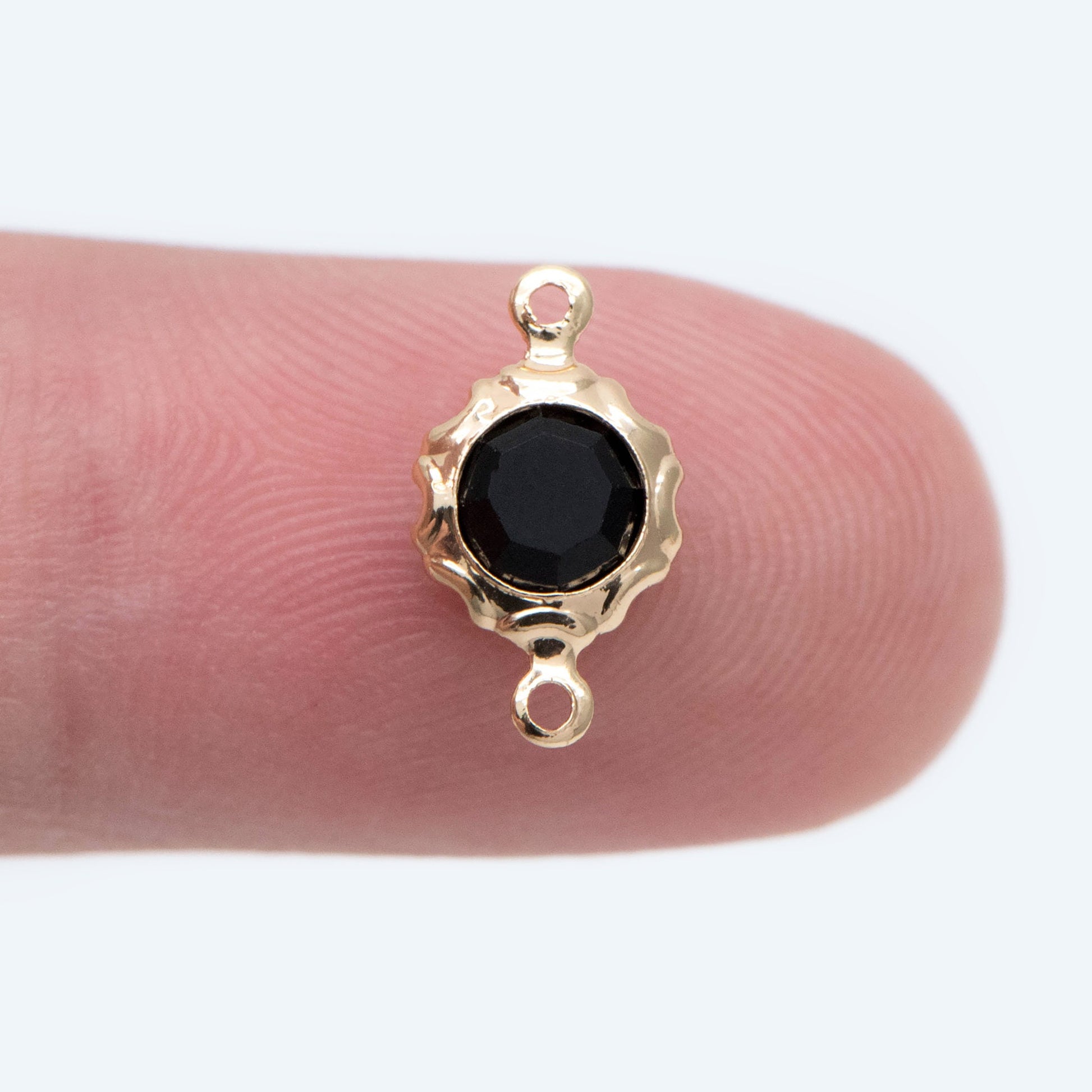 10pcs Gold Coin Connectors 7x12mm, Real Gold plated Brass, Black Glass Crystal Charm Pendants (GB-2039)