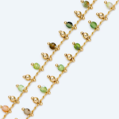 Gold Beaded Chain, Green Gemstone Chains, Curb Chain with 3.5mm Round Beads, DIY Necklace Bracelet Chain Supplies (#LK-456)/ 1 Meter=3.3ft