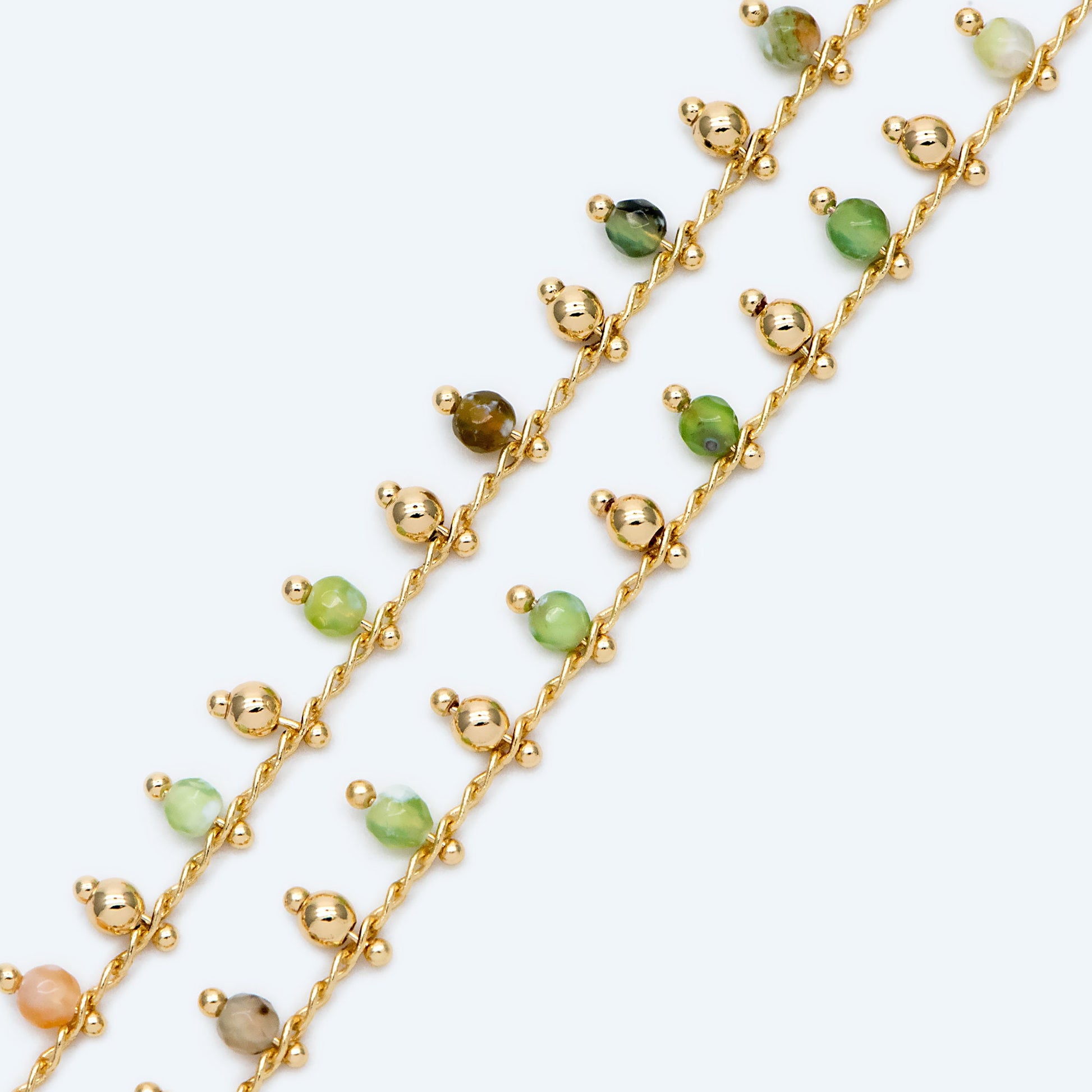 Gold Beaded Chain, Green Gemstone Chains, Curb Chain with 3.5mm Round Beads, DIY Necklace Bracelet Chain Supplies (#LK-456)/ 1 Meter=3.3ft