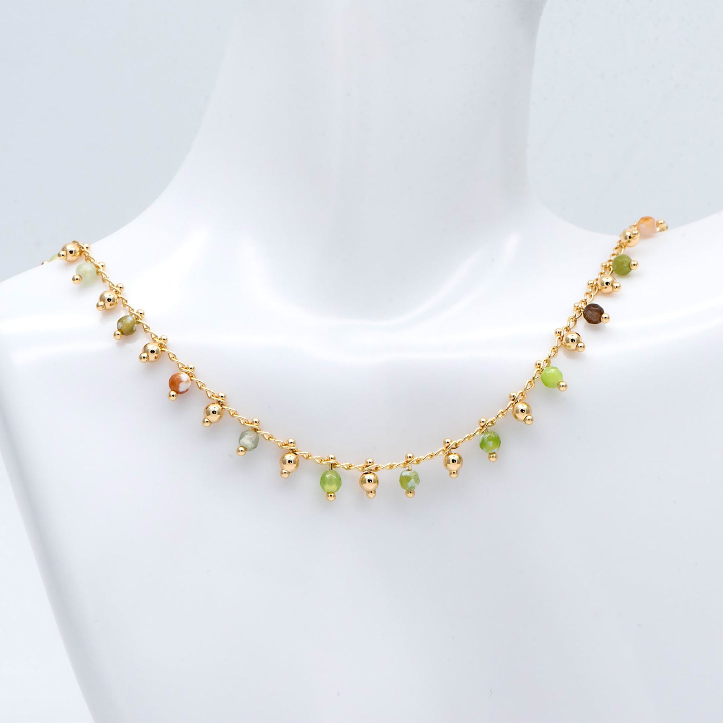 Gold Beaded Chain, Green Gemstone Chains, Curb Chain with 3.5mm Round Beads, DIY Necklace Bracelet Chain Supplies (#LK-456)/ 1 Meter=3.3ft