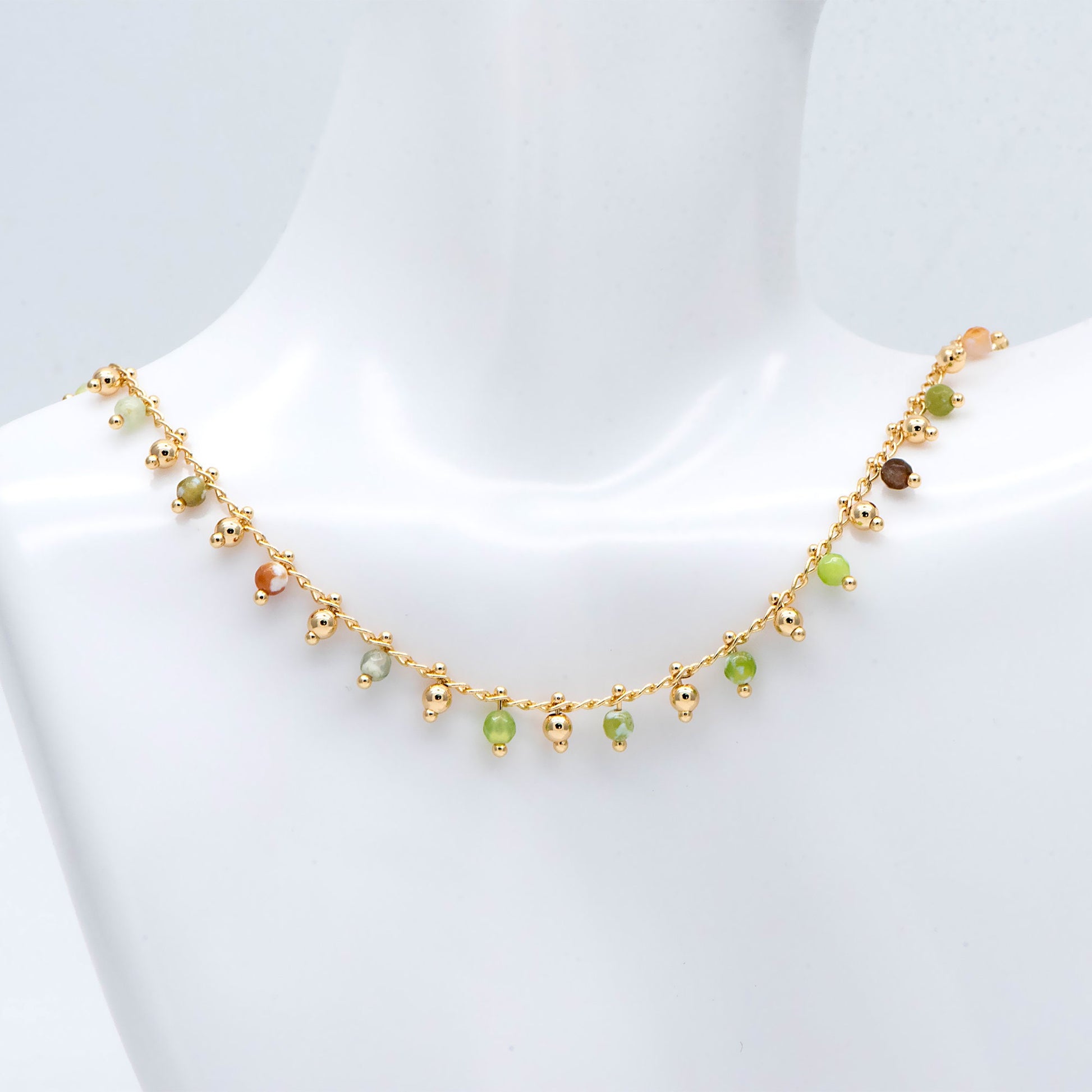 Gold Beaded Chain, Green Gemstone Chains, Curb Chain with 3.5mm Round Beads, DIY Necklace Bracelet Chain Supplies (#LK-456)/ 1 Meter=3.3ft