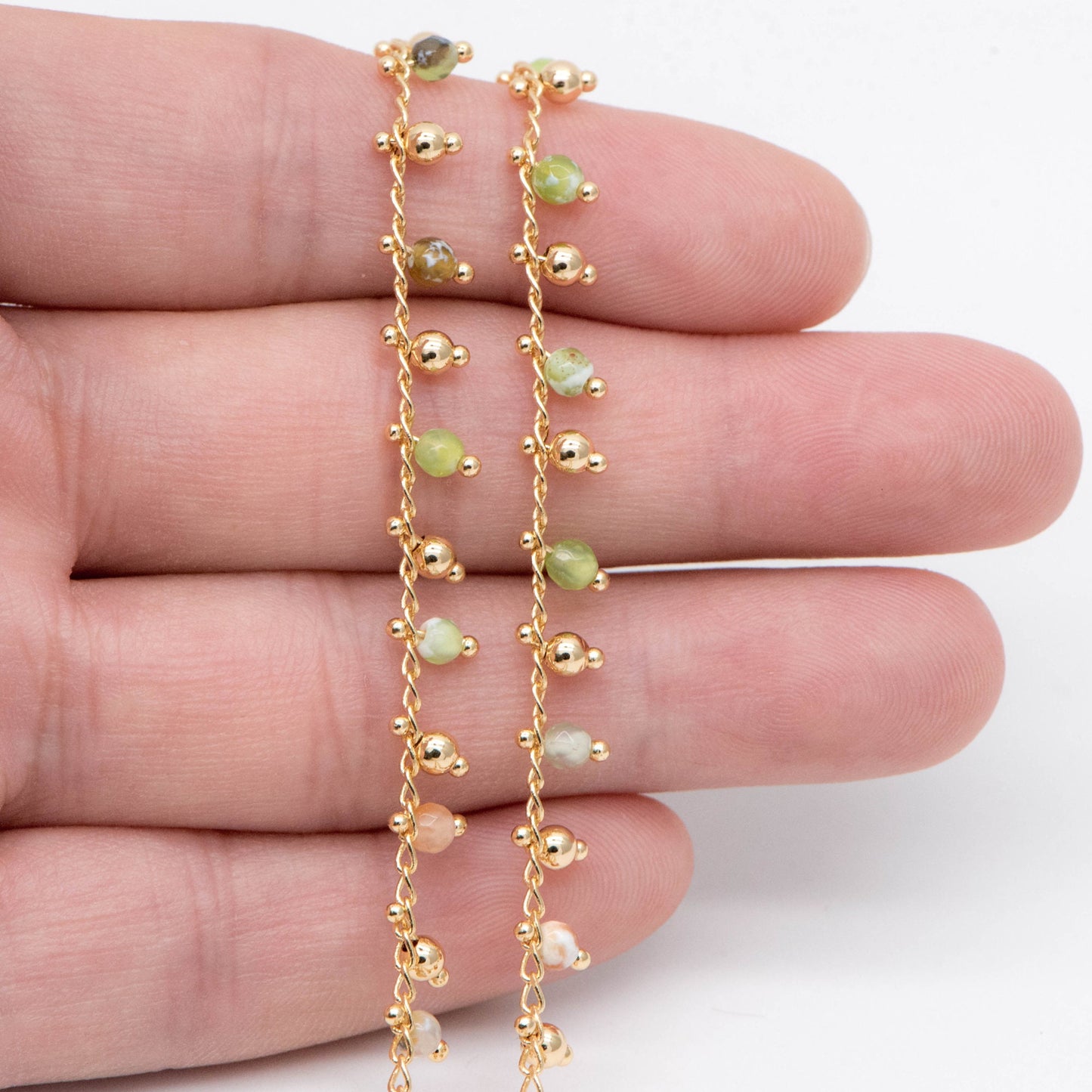 Gold Beaded Chain, Green Gemstone Chains, Curb Chain with 3.5mm Round Beads, DIY Necklace Bracelet Chain Supplies (#LK-456)/ 1 Meter=3.3ft