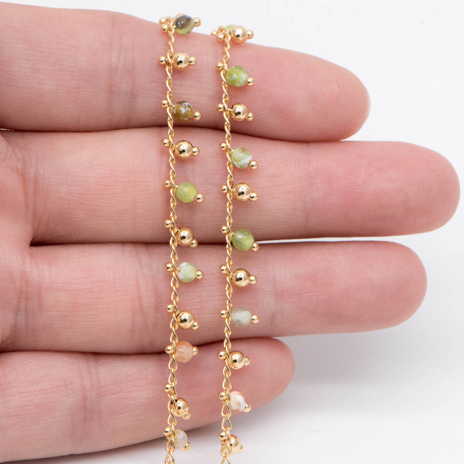 Gold Beaded Chain, Green Gemstone Chains, Curb Chain with 3.5mm Round Beads, DIY Necklace Bracelet Chain Supplies (#LK-456)/ 1 Meter=3.3ft