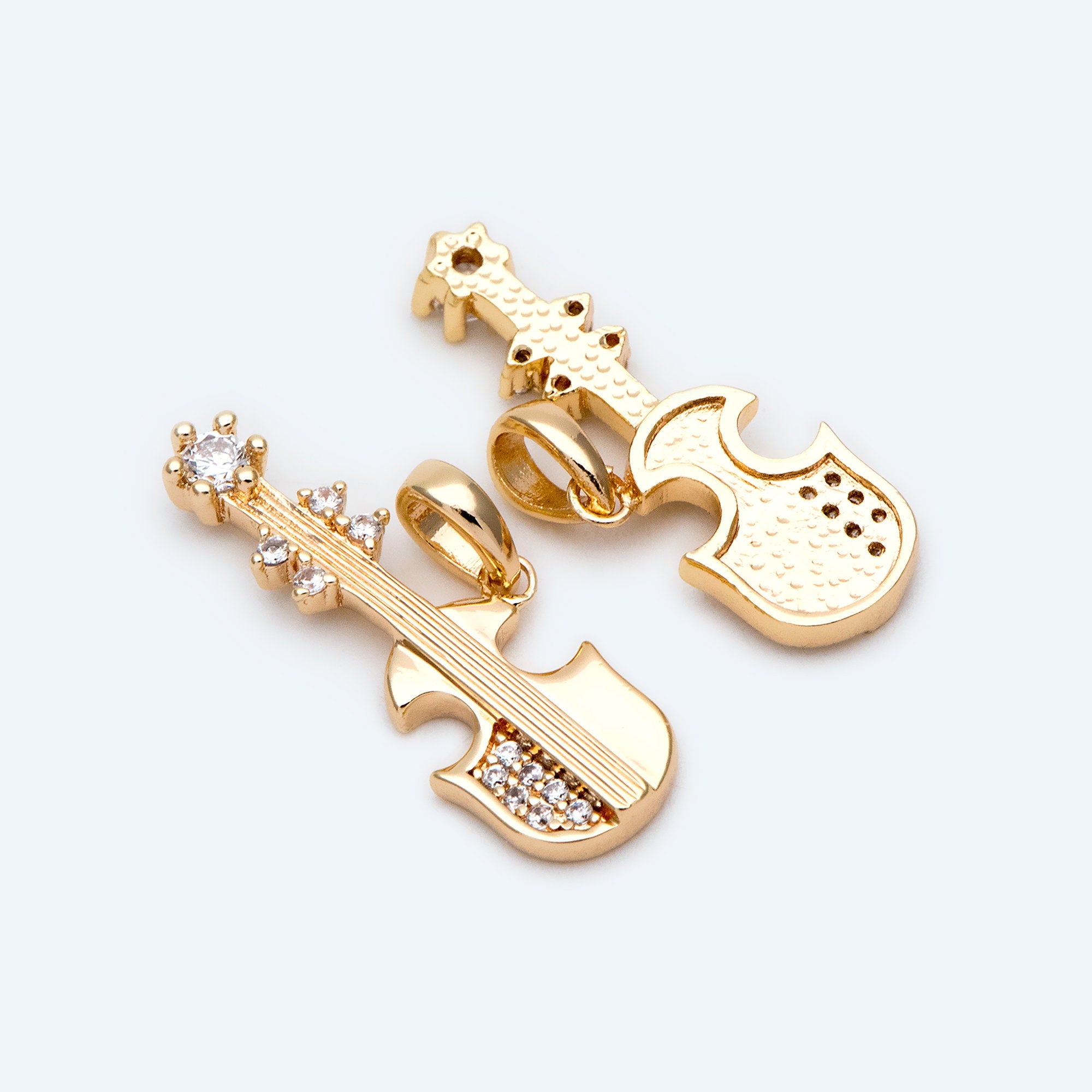 4pcs CZ Pave Bass Charms, 18K Gold plated Brass, Musical Instrument Pendants (GB-2079)