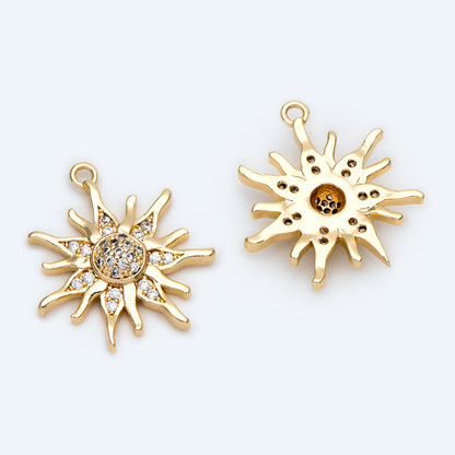 4pcs CZ Pave Gold Sun Charms, 18K Gold plated Brass, Sun Pendants (GB-2259-A)