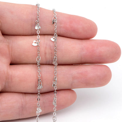 Silver tone Cable Chain with Dangling Heart Disc Charms, Rhodium plated Brass, Quality Heart Chain for Necklace (#LK-459-2)/ 1 Meter=3.3ft