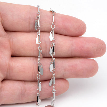 Silver Bar Chain with Dangling Oval Disc Charms, Rhodium plated Brass, Leaf Chain for Necklace Wholesale (#LK-460-2)/ 1 Meter=3.3ft