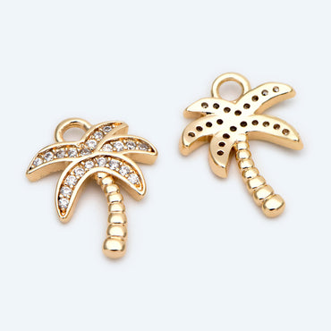 4pcs CZ pave Gold Tree Charms 16x12mm, 18K Gold plated Brass Coconut Palm Pendants (GB-2374-C)
