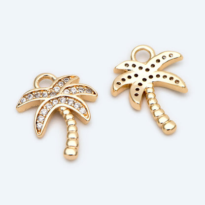 4pcs CZ pave Gold Tree Charms 16x12mm, 18K Gold plated Brass Coconut Palm Pendants (GB-2374-C)