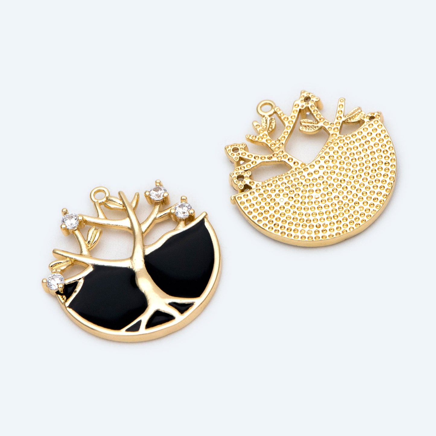 4pcs CZ pave Gold Life Tree Charm, Black / White Enamel, Earring Findings, Jewelry Making, Diy Material, Jewelry Supplies (GB-2054-1)