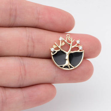 4pcs CZ pave Gold Life Tree Charm, Black / White Enamel, Earring Findings, Jewelry Making, Diy Material, Jewelry Supplies (GB-2054-1)