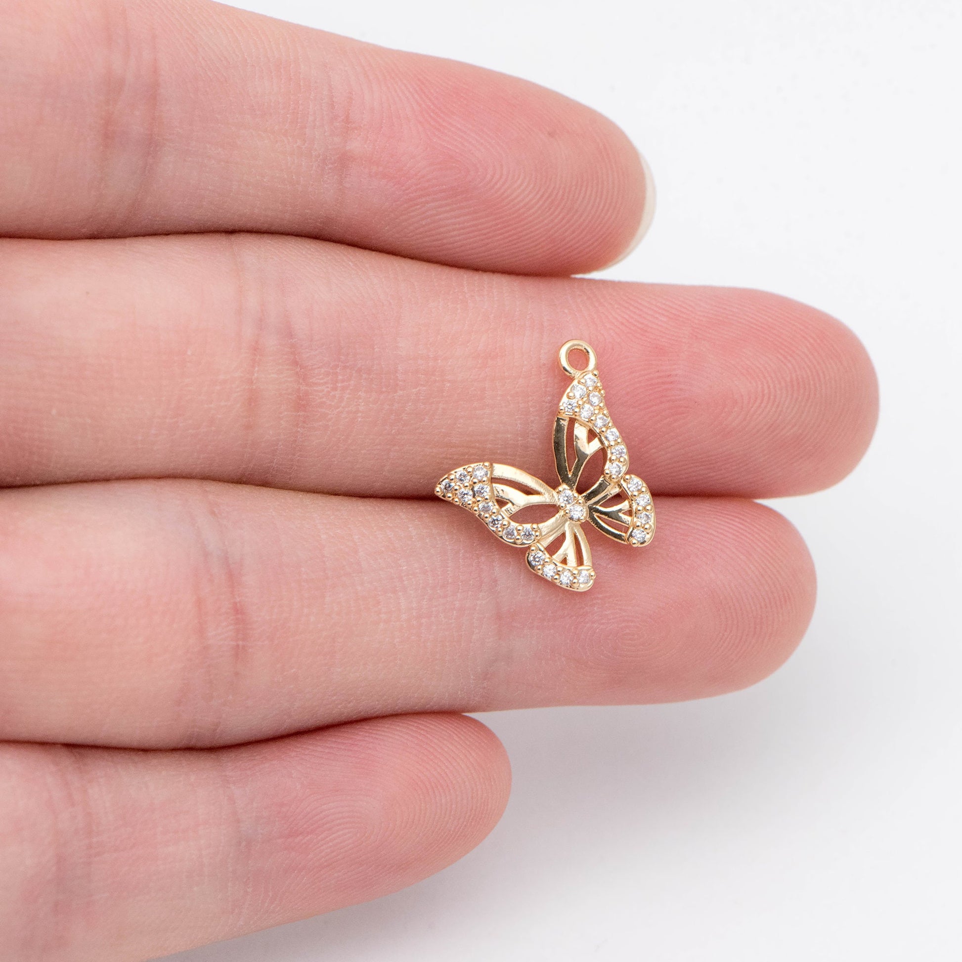 4pcs Gold plated Brass Hollow Butterfly Charms, CZ pave Butterfly Filigree Pendants (GB-3561-O)