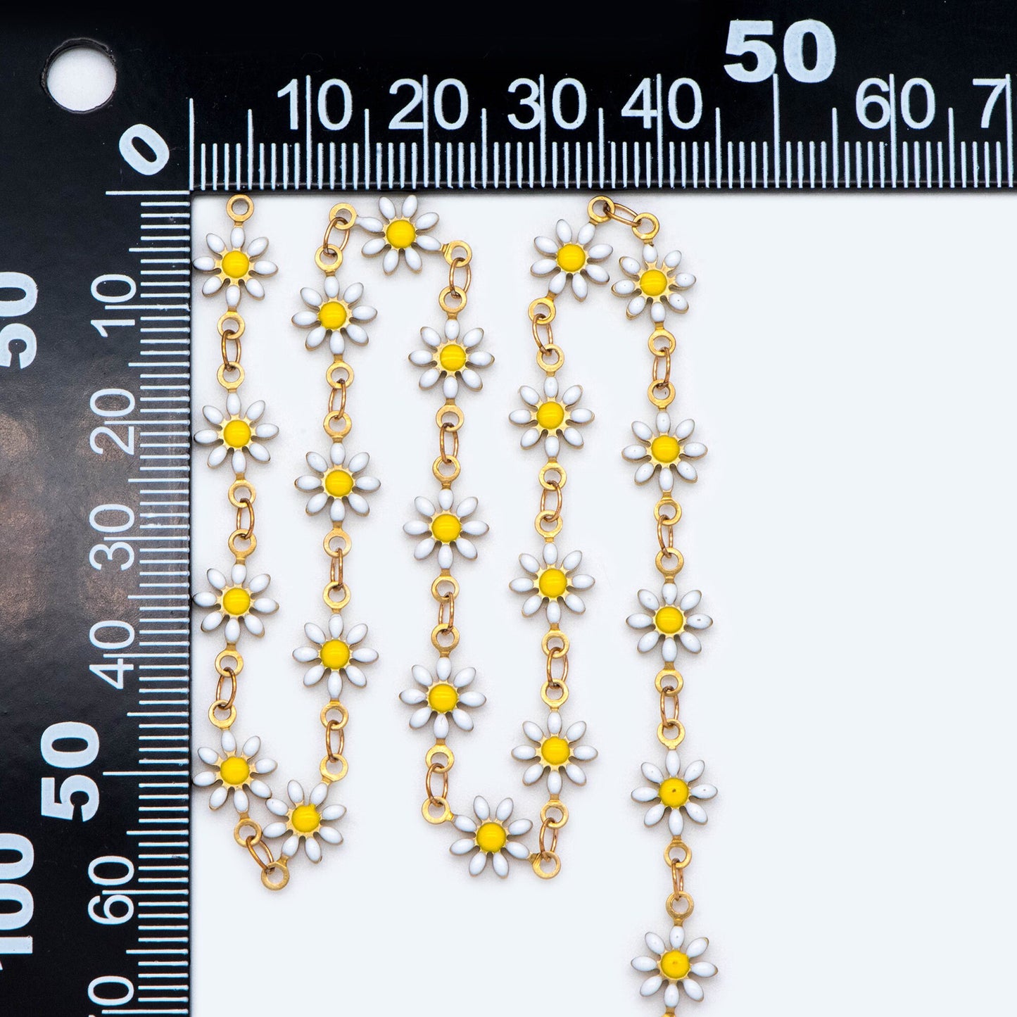 Enamel Flower Chain, Daisy Chain, Unplated Raw Brass Designer Chain 6mm, Floral Link Chain Findings, White (#LK-461-1)/ 1 Meter=3.3ft