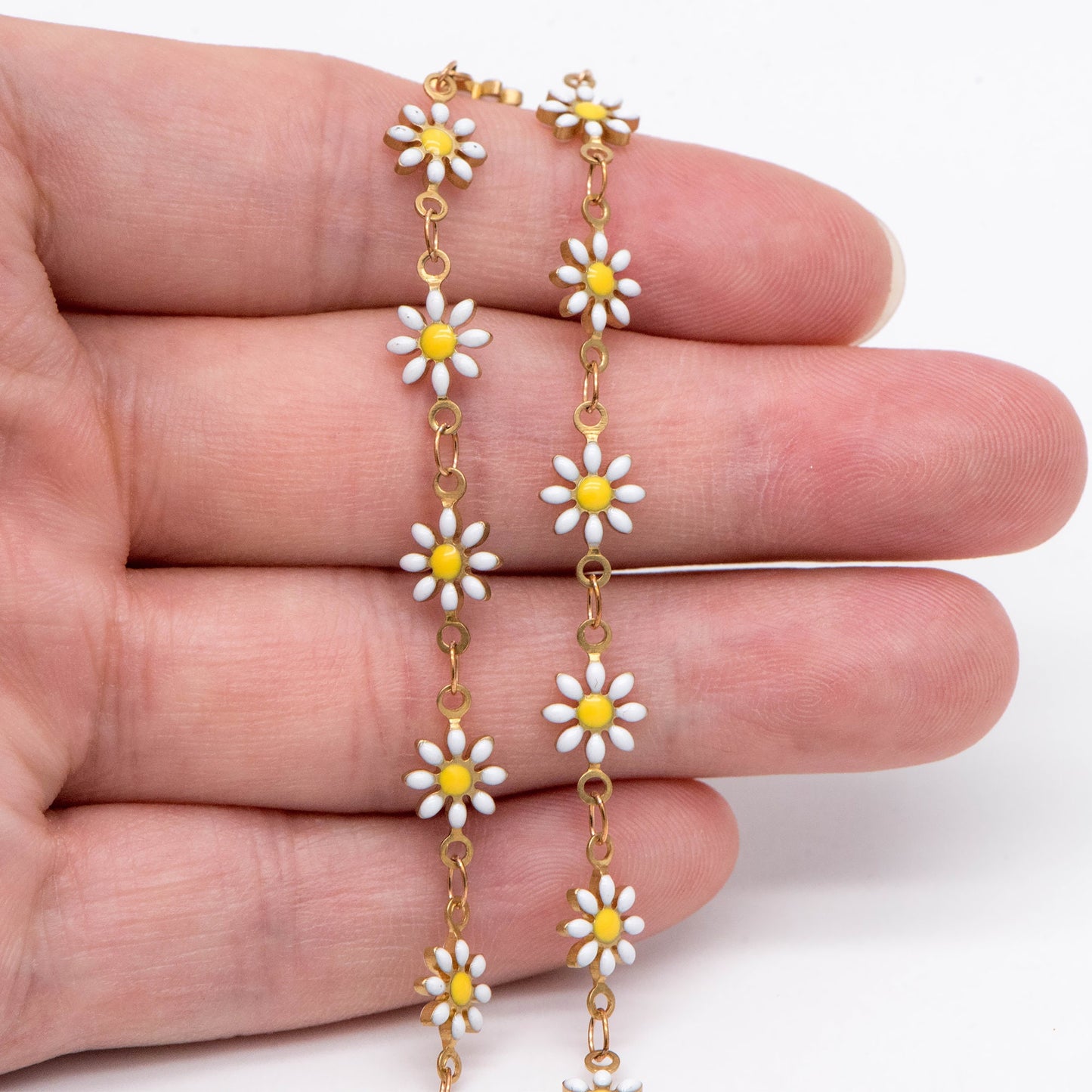 Enamel Flower Chain, Daisy Chain, Unplated Raw Brass Designer Chain 6mm, Floral Link Chain Findings, White (#LK-461-1)/ 1 Meter=3.3ft