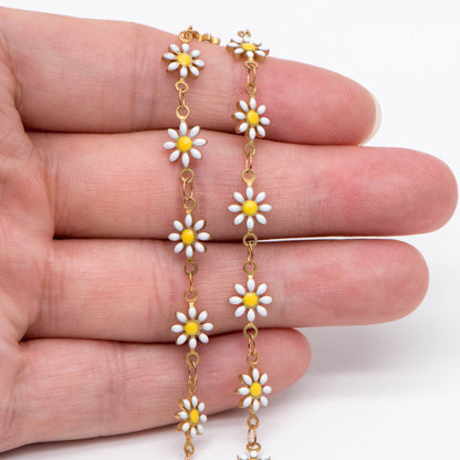 Enamel Flower Chain, Daisy Chain, Unplated Raw Brass Designer Chain 6mm, Floral Link Chain Findings, White (#LK-461-1)/ 1 Meter=3.3ft