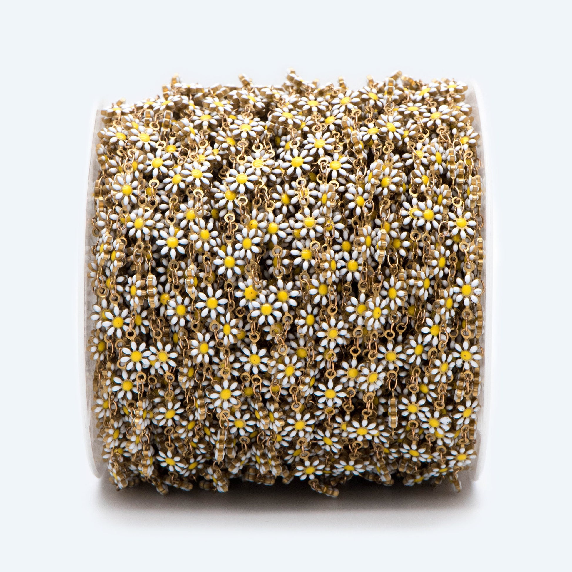 Enamel Flower Chain, Daisy Chain, Unplated Raw Brass Designer Chain 6mm, Floral Link Chain Findings, White (#LK-461-1)/ 1 Meter=3.3ft