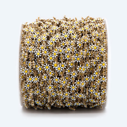 Enamel Flower Chain, Daisy Chain, Unplated Raw Brass Designer Chain 6mm, Floral Link Chain Findings, White (#LK-461-1)/ 1 Meter=3.3ft