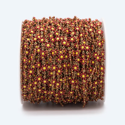 Enamel Flower Chain, Daisy Chain, Unplated Raw Brass Designer Chain 6mm, Floral Link Chain Findings, Red (#LK-461-2)/ 1 Meter=3.3ft