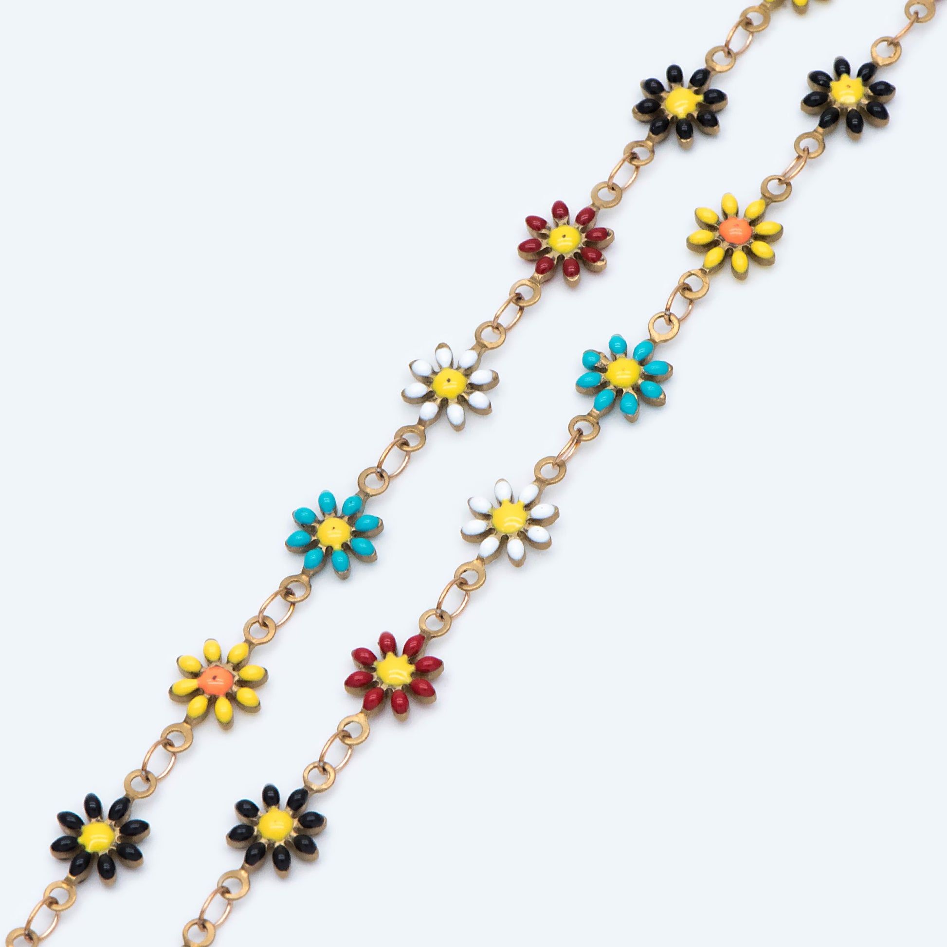 Enamel Flower Chain, Daisy Chain, Unplated Raw Brass Designer Chain 6mm, Floral Link Chain Findings, MIX Color (#LK-461-4)/ 1 Meter=3.3ft