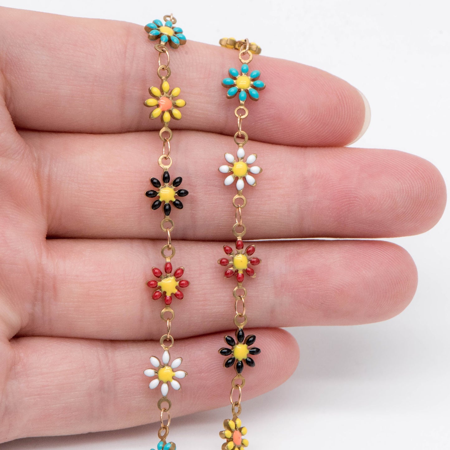 Enamel Flower Chain, Daisy Chain, Unplated Raw Brass Designer Chain 6mm, Floral Link Chain Findings, MIX Color (#LK-461-4)/ 1 Meter=3.3ft