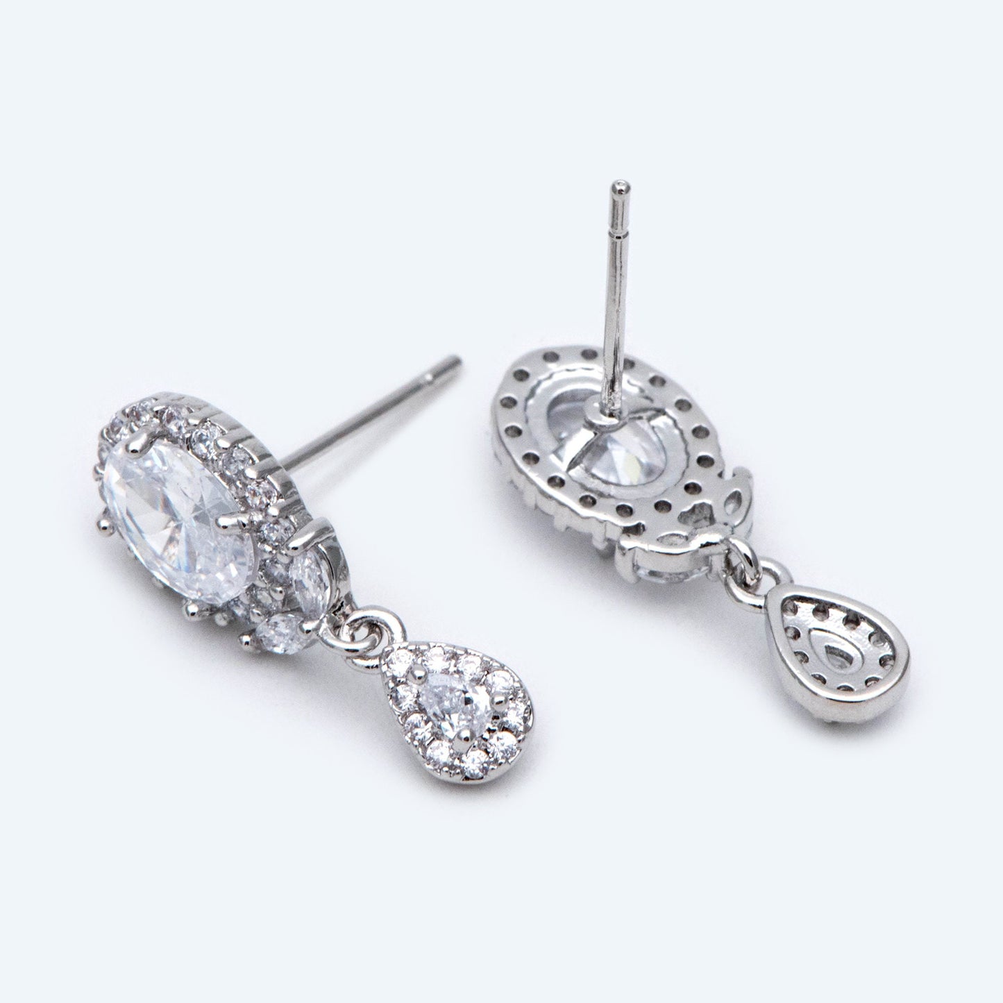 4pcs Silver tone Teardrop Stud Earrings, CZ Pave Earrings, Rhodium plated Brass Earrings (#GB-2131)