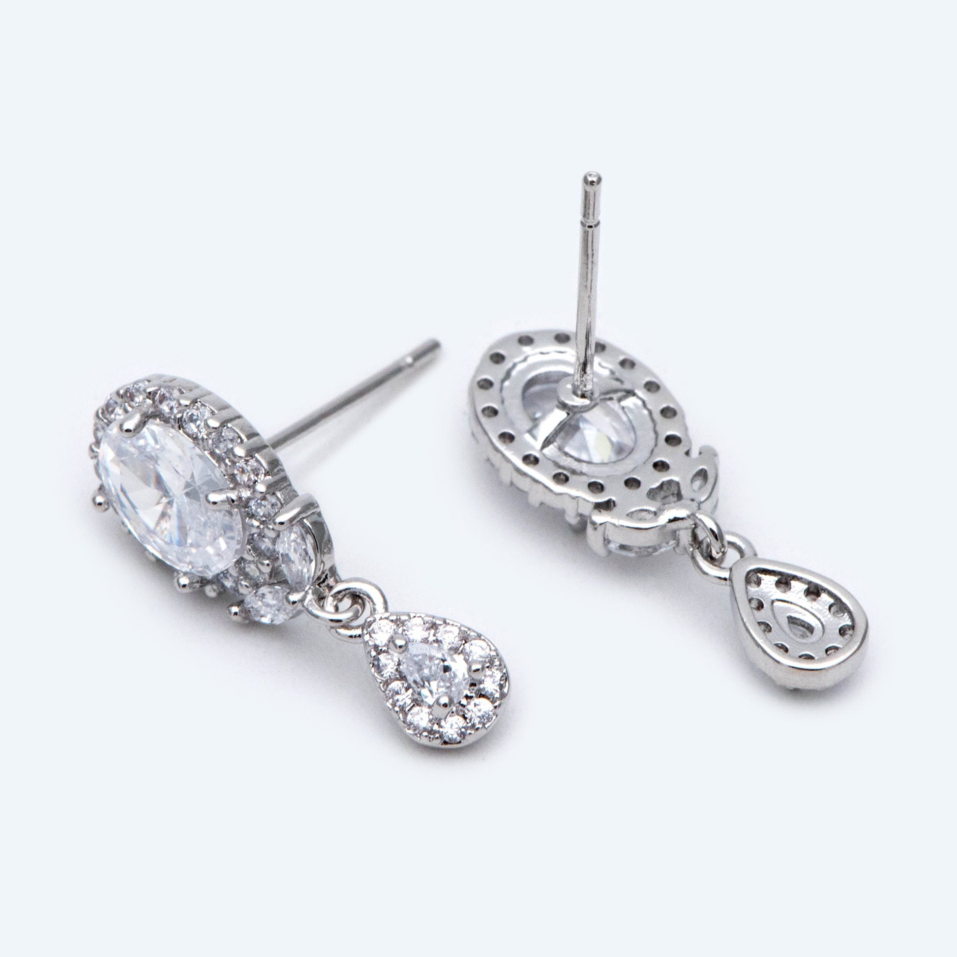 4pcs Silver tone Teardrop Stud Earrings, CZ Pave Earrings, Rhodium plated Brass Earrings (#GB-2131)