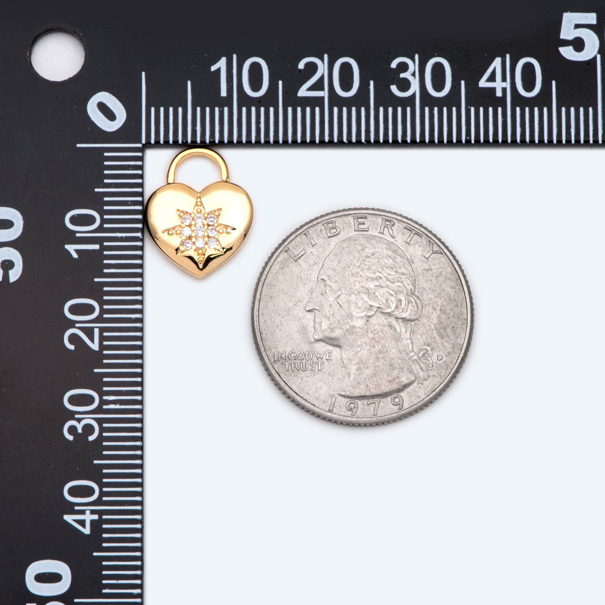 4pcs CZ pave Gold Heart Charm, North Star Pattern, 18K Gold plated Brass Heart Pendant (GB-1048-F)