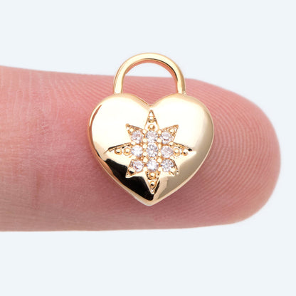 4pcs CZ pave Gold Heart Charm, North Star Pattern, 18K Gold plated Brass Heart Pendant (GB-1048-F)
