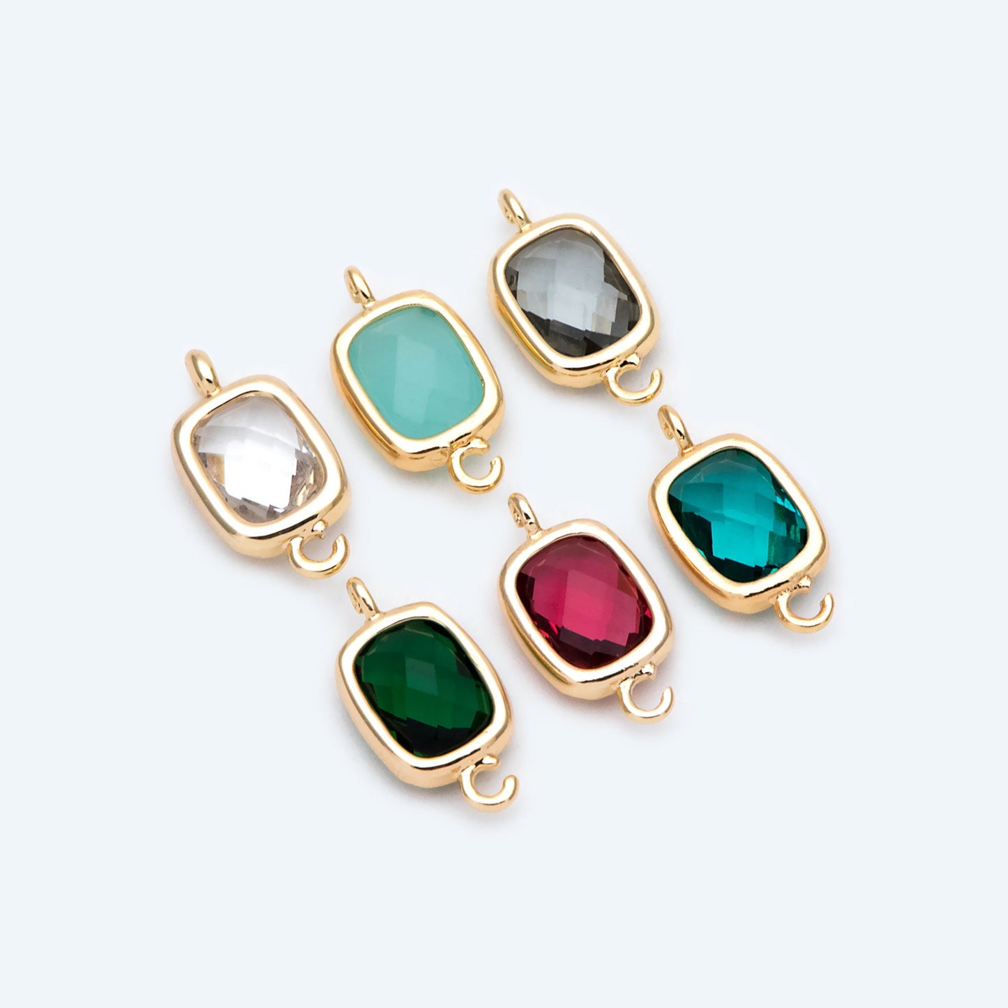 10pcs Gold Framed Glass Connector 14x7mm, Square Bezel Charm Pendants, Clear Crystal (GB-921)