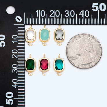 10pcs Gold Framed Glass Connector 14x7mm, Square Bezel Charm Pendants, Clear Crystal (GB-921)