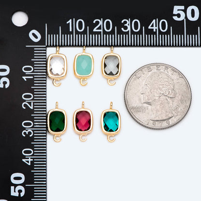 10pcs Gold Framed Glass Connector 14x7mm, Square Bezel Charm Pendants, Clear Crystal (GB-921)