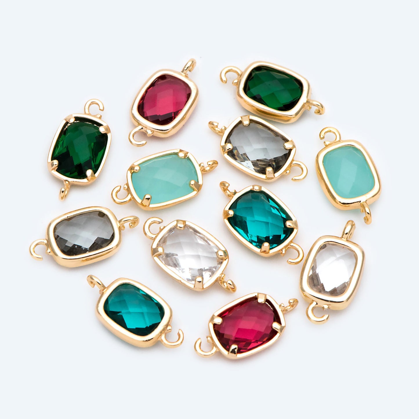 10pcs Gold Framed Glass Connector 14x7mm, Square Bezel Charm Pendants, Clear Crystal (GB-921)