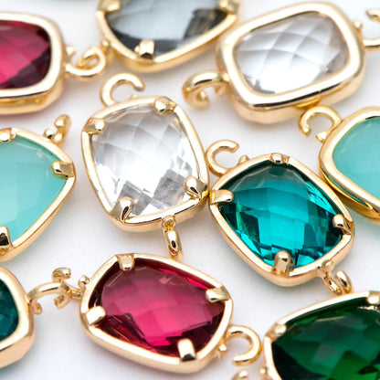 10pcs Gold Framed Glass Connector 14x7mm, Square Bezel Charm Pendants, Clear Crystal (GB-921)
