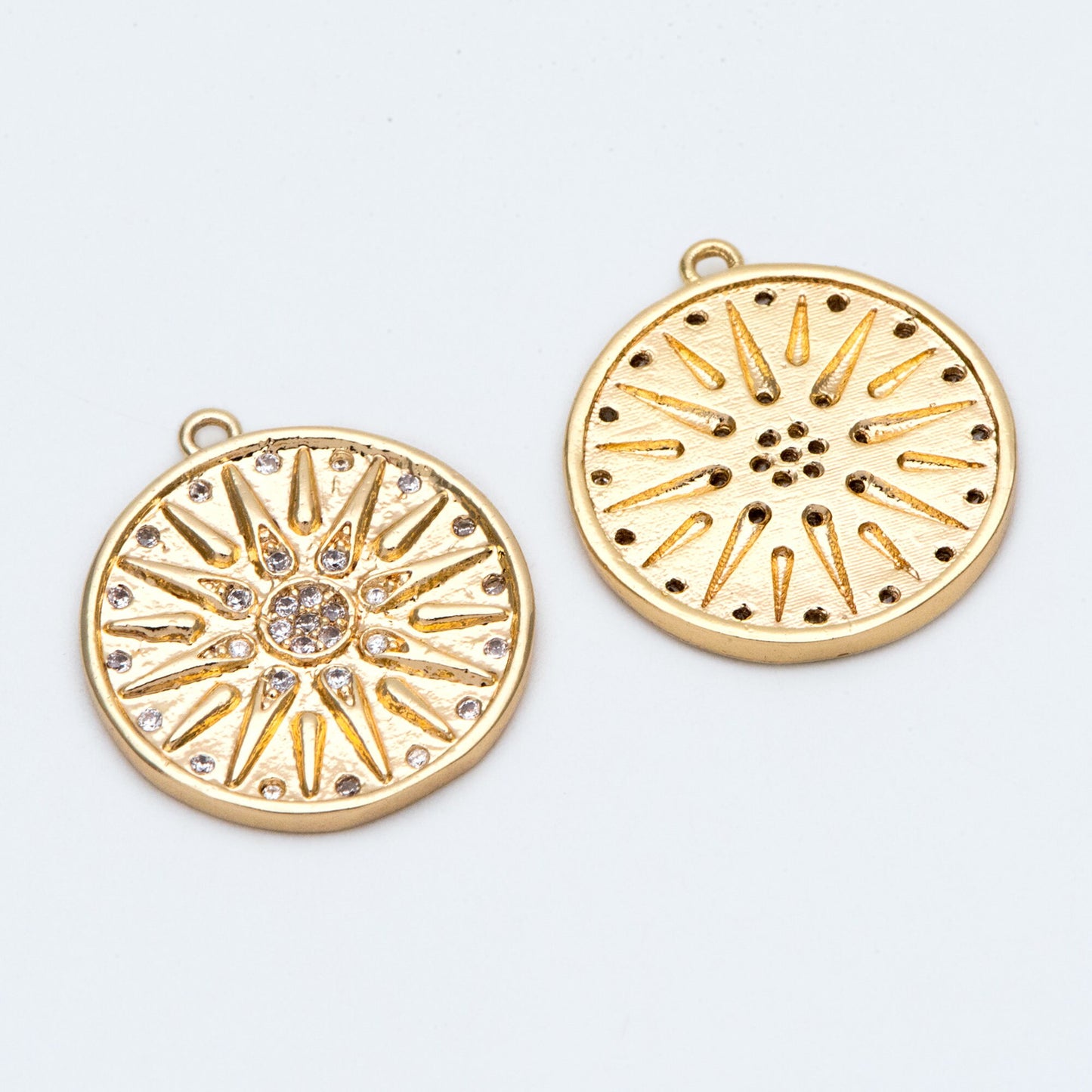 4pcs Gold Sun Disk Charms 20x18mm, 18K Gold plated Brass, CZ pave Sun Disc Pendants (GB-1232-L)
