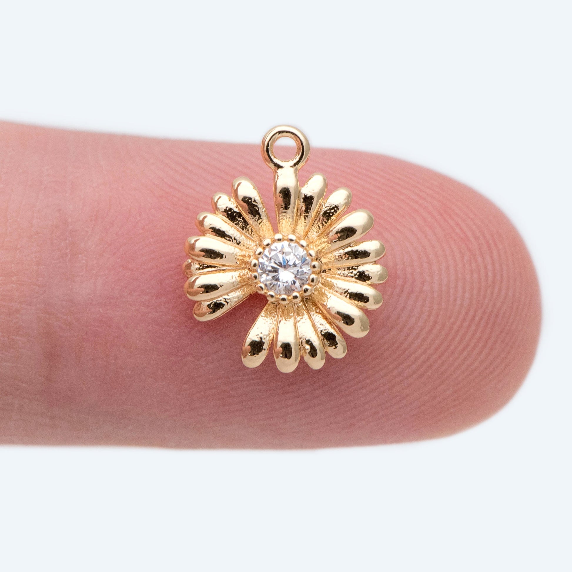 4pcs Gold CZ Pave Daisy Charms 12x10mm, 18K Real Gold plated Brass, Flower Pendants (GB-321-E)