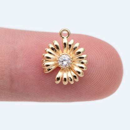 4pcs Gold CZ Pave Daisy Charms 12x10mm, 18K Real Gold plated Brass, Flower Pendants (GB-321-E)