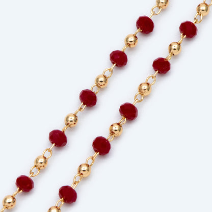 Gold Crystal Beaded Chains, Gold plated Brass Cable Chain, 3mm Glass Rondelles with 2mm Gold Round Beads (#LK-200)/ 1 Meter=3.3 ft