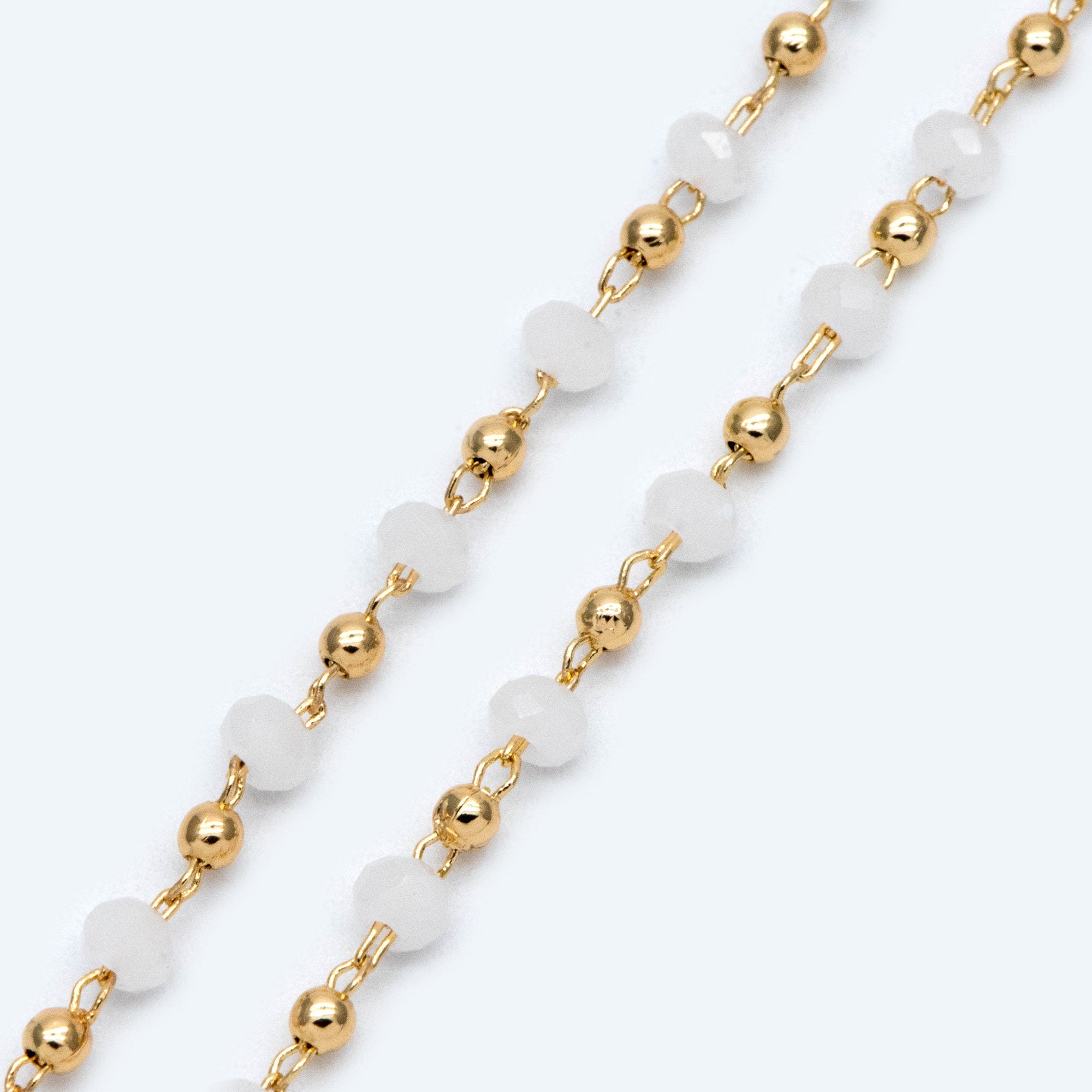 Gold Crystal Beaded Chains, Gold plated Brass Cable Chain, 3mm Glass Rondelles with 2mm Gold Round Beads (#LK-200)/ 1 Meter=3.3 ft