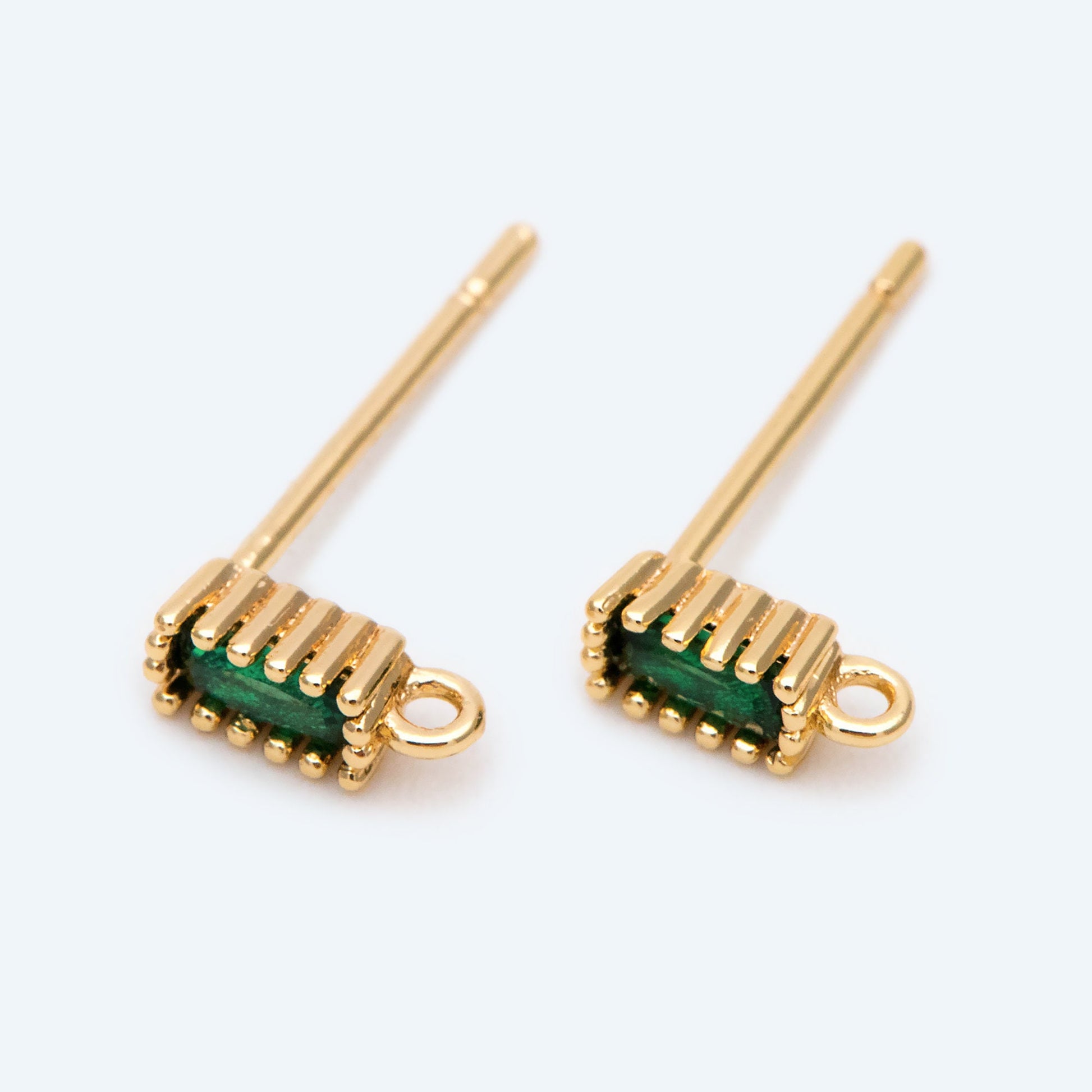 10pcs CZ Pave Rectangle Earring Stud with Loop, Emerald, Clear, Red, Blue, Geometric Earring Findings (#GB-2100)