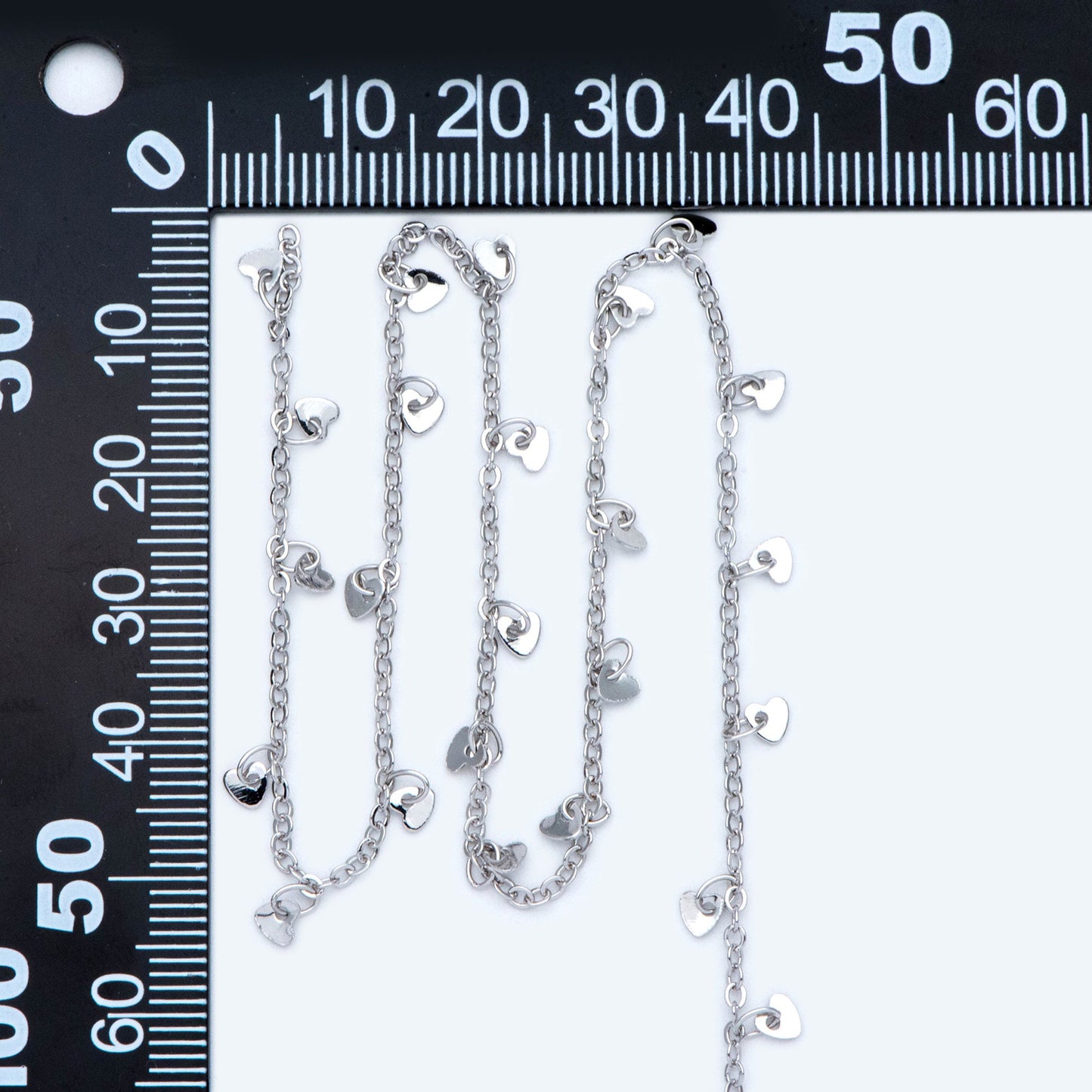 Silver tone Cable Chain with Dangling Heart Disc Charms, Rhodium plated Brass, Quality Heart Chain for Necklace (#LK-459-2)/ 1 Meter=3.3ft