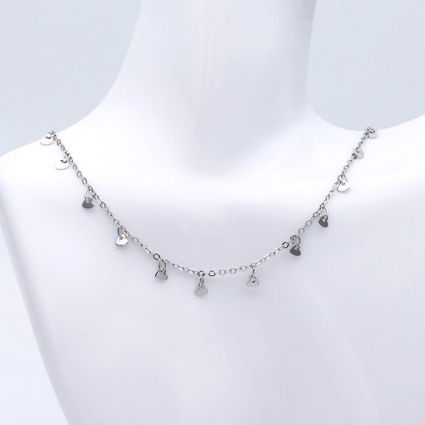 Silver tone Cable Chain with Dangling Heart Disc Charms, Rhodium plated Brass, Quality Heart Chain for Necklace (#LK-459-2)/ 1 Meter=3.3ft