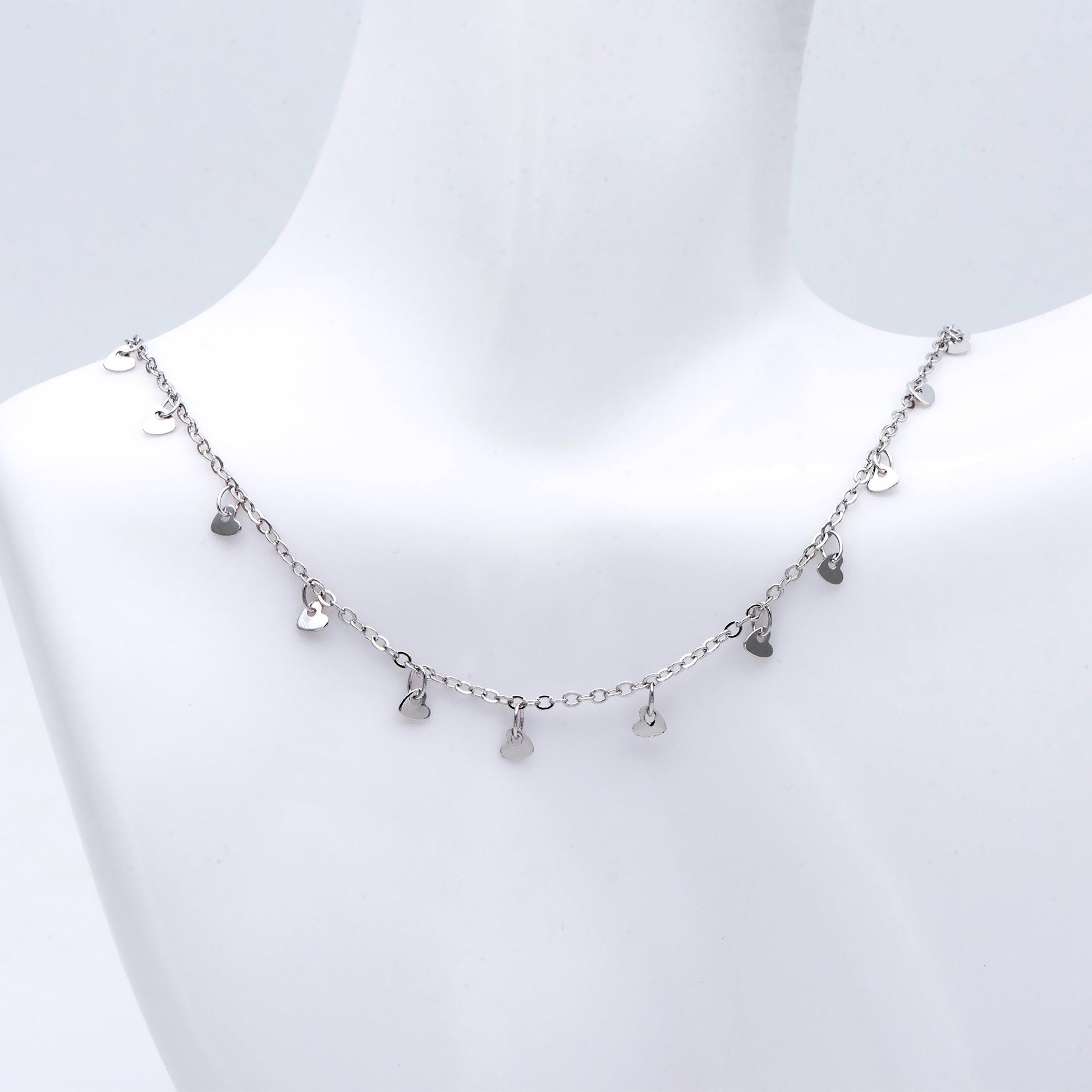 Silver tone Cable Chain with Dangling Heart Disc Charms, Rhodium plated Brass, Quality Heart Chain for Necklace (#LK-459-2)/ 1 Meter=3.3ft