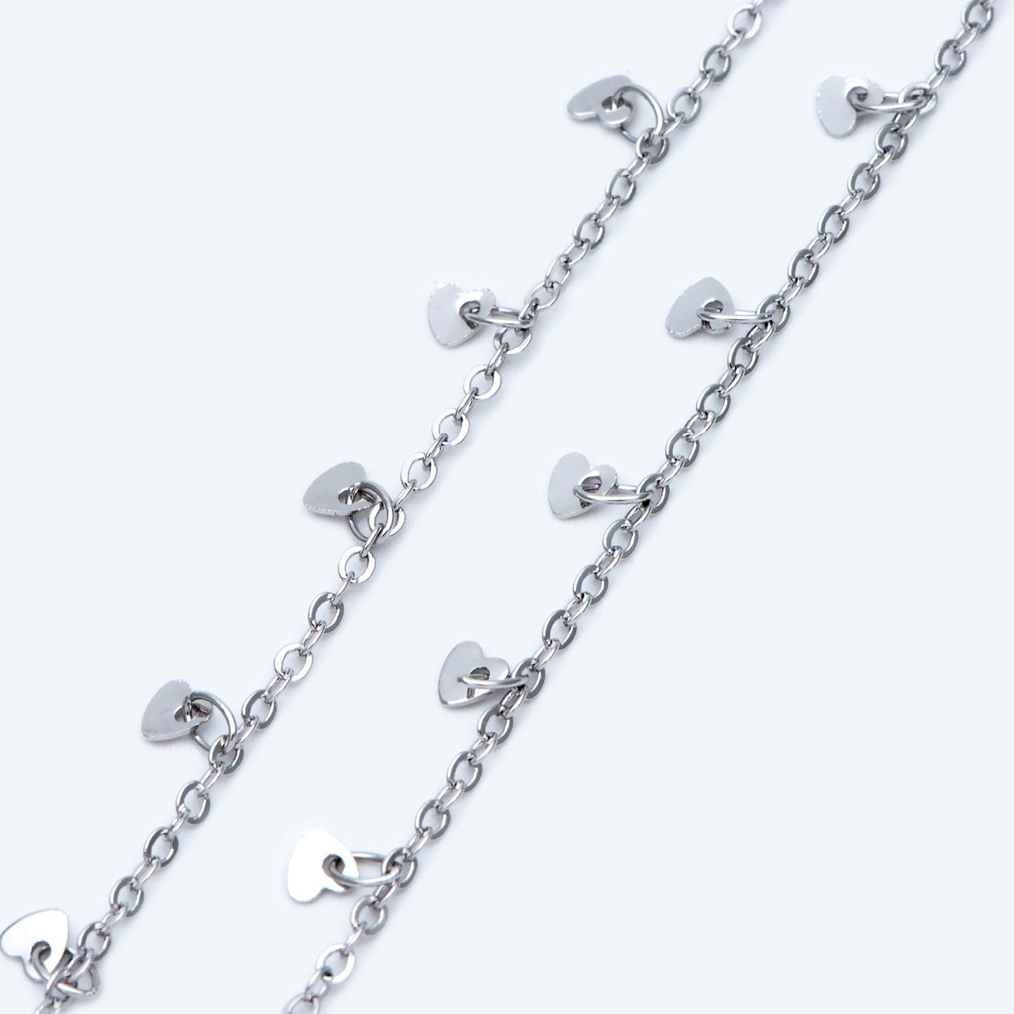 Silver tone Cable Chain with Dangling Heart Disc Charms, Rhodium plated Brass, Quality Heart Chain for Necklace (#LK-459-2)/ 1 Meter=3.3ft