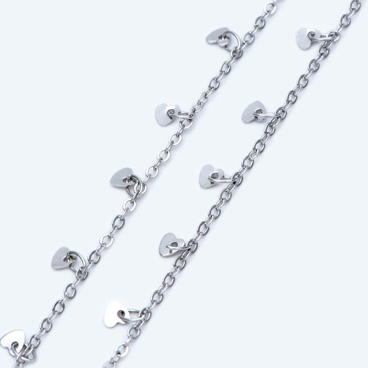 Silver tone Cable Chain with Dangling Heart Disc Charms, Rhodium plated Brass, Quality Heart Chain for Necklace (#LK-459-2)/ 1 Meter=3.3ft
