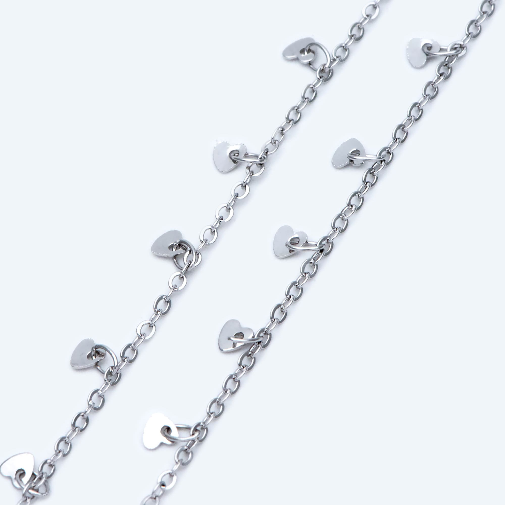 Silver tone Cable Chain with Dangling Heart Disc Charms, Rhodium plated Brass, Quality Heart Chain for Necklace (#LK-459-2)/ 1 Meter=3.3ft